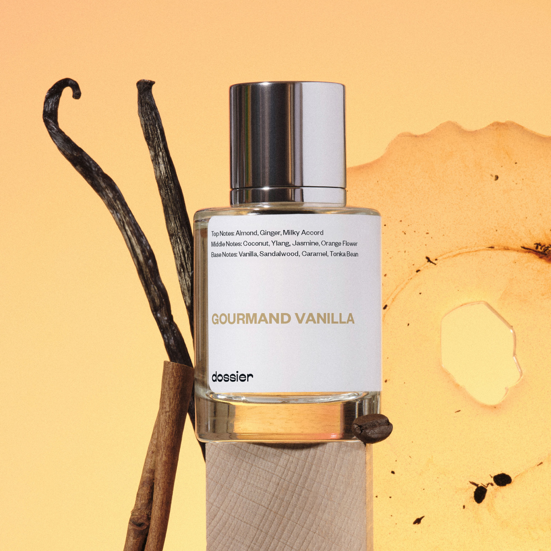 A bottle of Dossier Gourmand Vanilla perfume.
