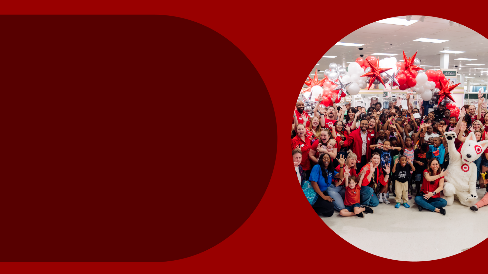 A red graphic including a photo of Target volunteers posing in a store.