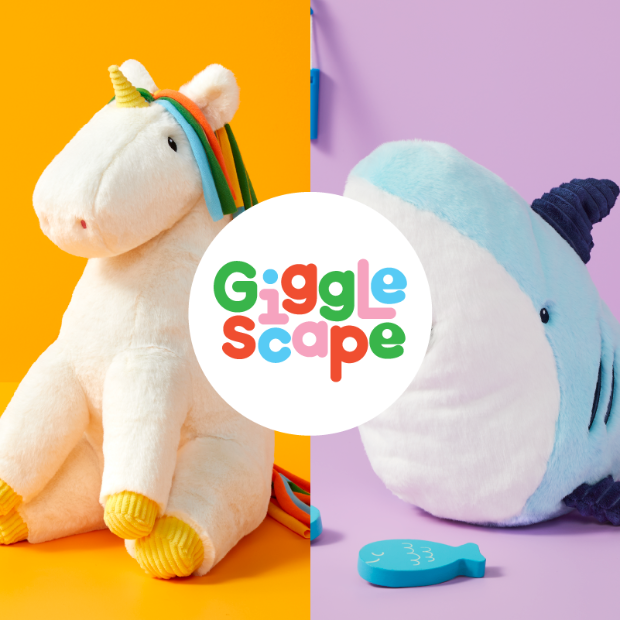 A plush unicorn on a gold background and a plush shark on a purple background, with the Gigglescape logo in the center of the frame.