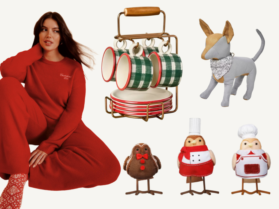 A woman in a red loungewear set sits beside holiday gift items including plaid mugs, a plush dog, and three festive Featherly Friends figurines.