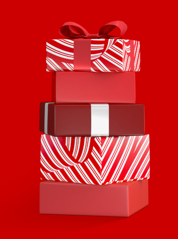 A festive stack of gifts in red and white candy-striped wrapping.