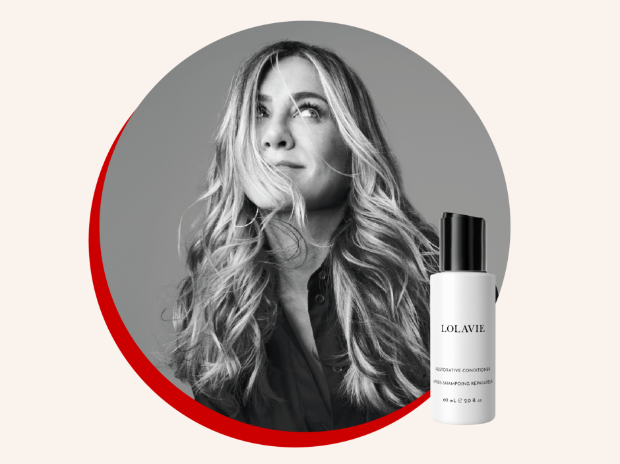 A picture of Jennifer Aniston on a round gray background and a bottle of LolaVie Restorative Conditioner.