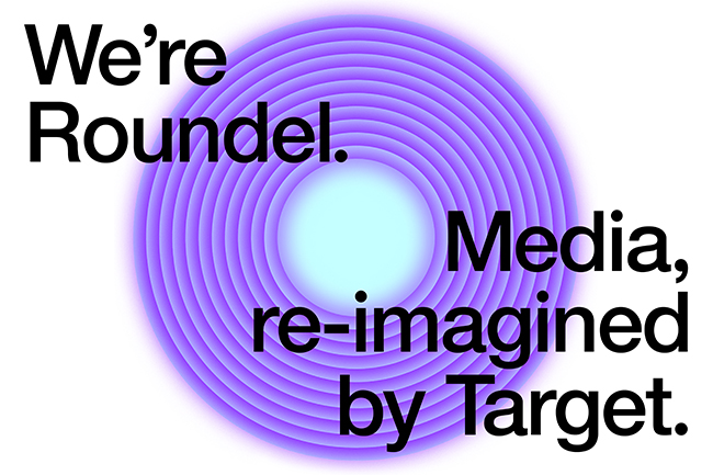 Blue and purple concentric, radiating circle with the words We're Roundel: Media, reimagined by Target