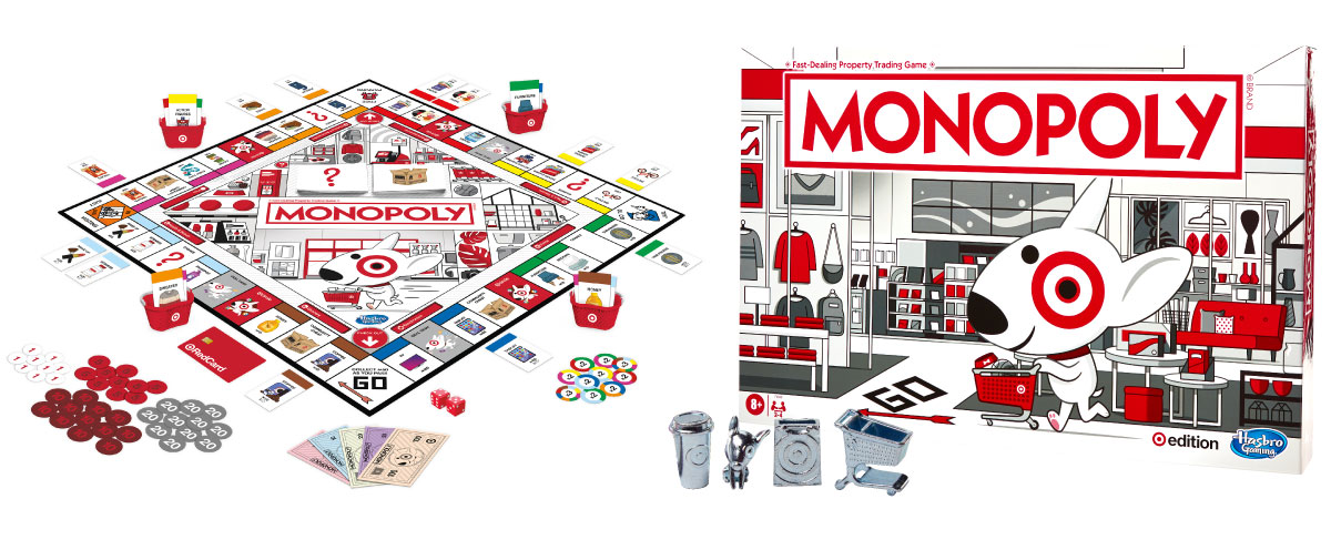 A photo collage of Monopoly: Target Edition game board and pieces, as well as the game box featuring Bullseye the dog.