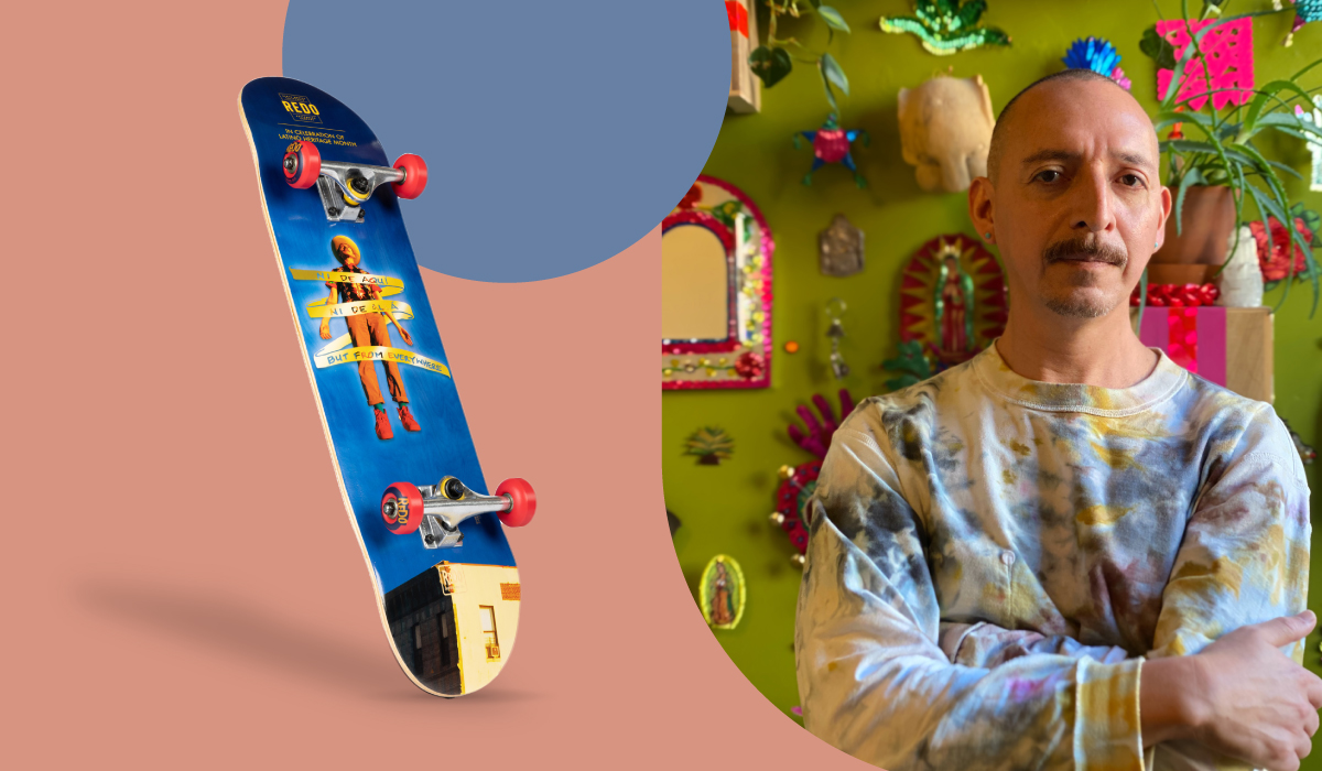 Side-by-side images: Left: A skateboard with peach-colored wheels and oceanic coating bares a graphic of a figure in the middle. Right: A bald man wearing a tie dye long sleeve shirt folds his arms across his chest.