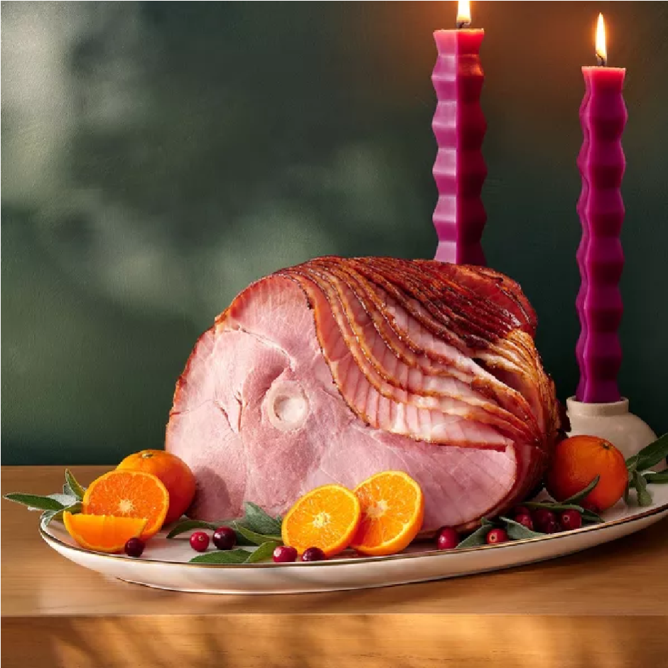 A festive display of hickory-smoked bone-in ham.