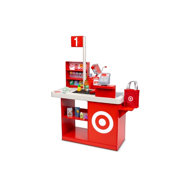 A toy Target checkout counter playset complete with a cash register, scanner, groceries, and shopping bag.