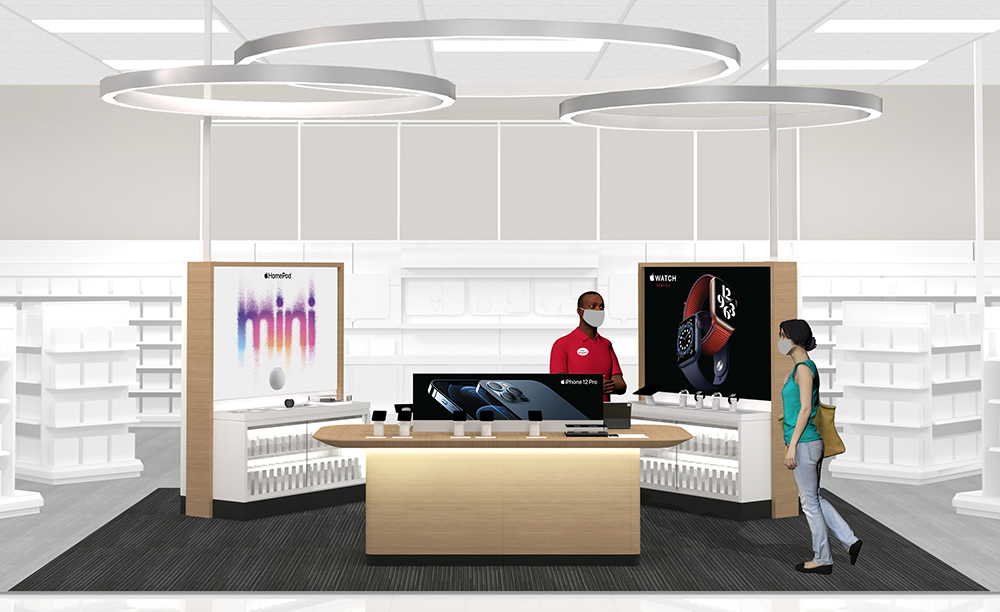 An illustration of the new Apple experience inside a Target store, featuring displays of electronics products on shelves around a central station with a team member in a mask helping a guest wearing a mask.