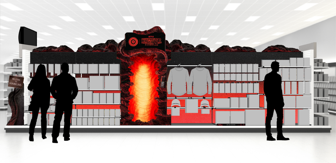 A rendering of a Target aisle with shelves filled with Stranger Things products.