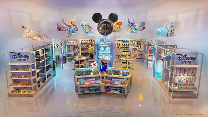 A still rendering of the inside of a Disney store at Target with colorful shelves filled with products and signs featuring characters