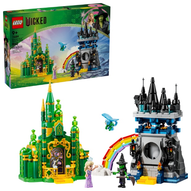 Two LEGO castles, green on the right and black on the left, displayed with the matching box shown in the top left corner.