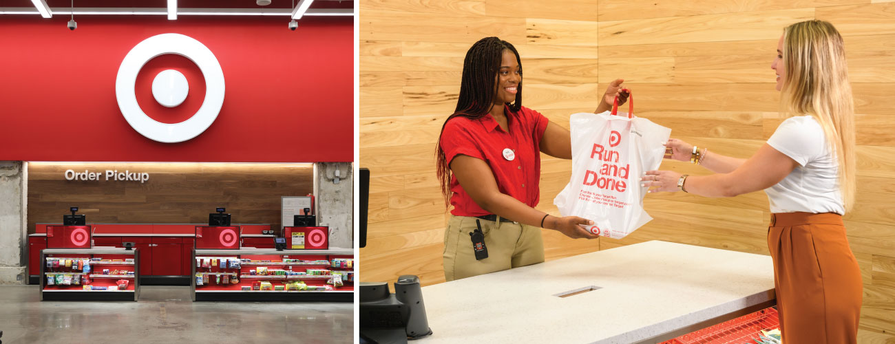 Left, an Order Pickup counter with red wall and white Bullseye logo; right, a team member hands an Order Pickup bag over the counter to a guest.