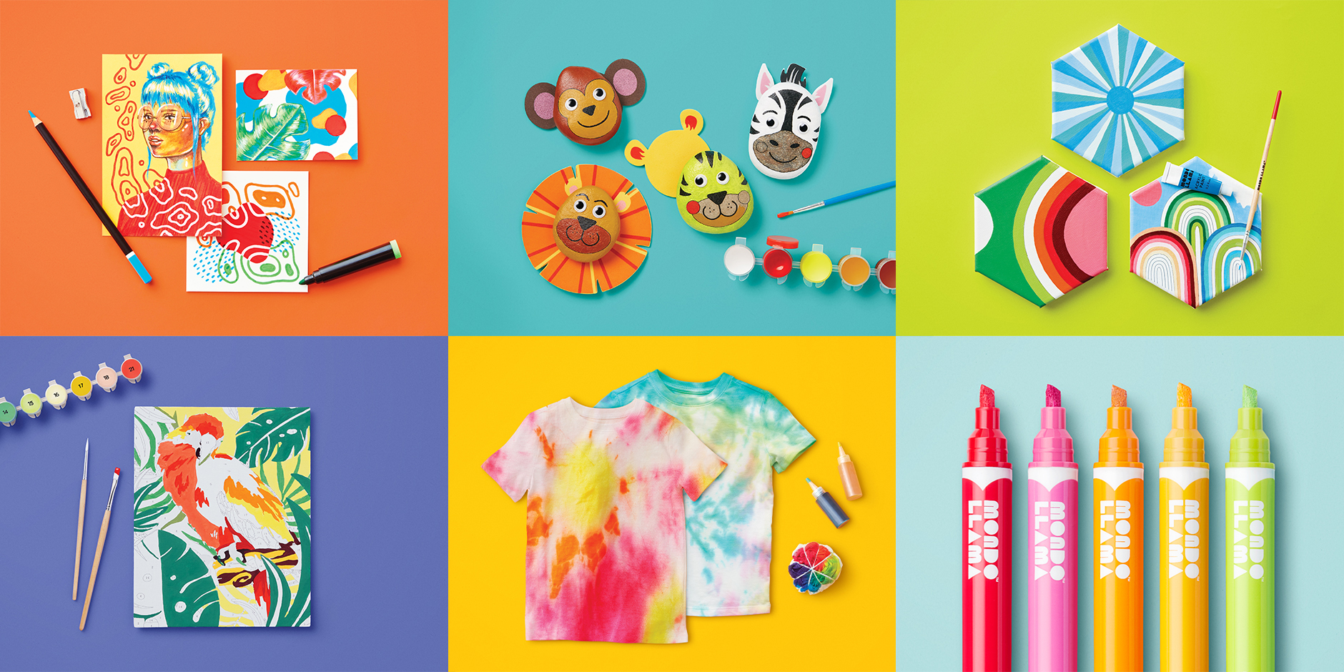 Six multicolored panels showing different crafts guest can make with the products, including wall art, tie-dye shirts, paper animal heads and more.