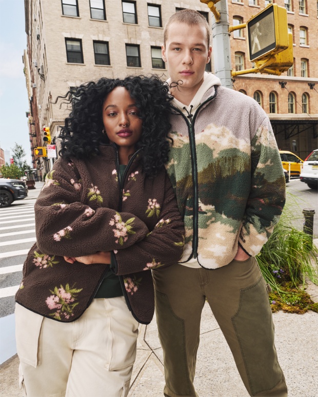 Two models styled in the Woolrich x Target collection