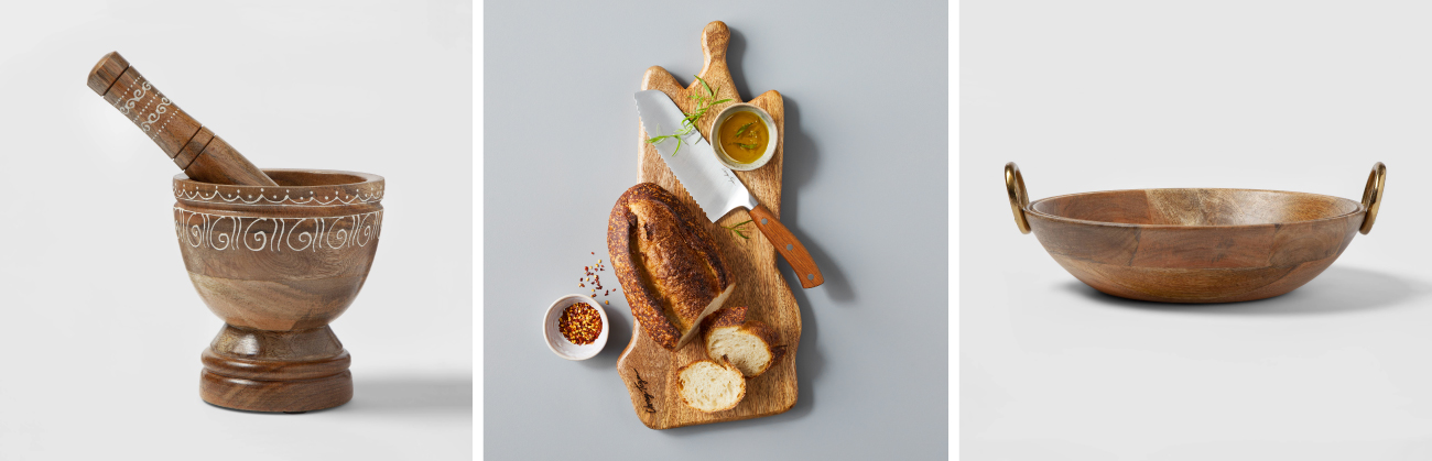 Collage of images featuring a mortar and pestle, cutting board and wooden bowl