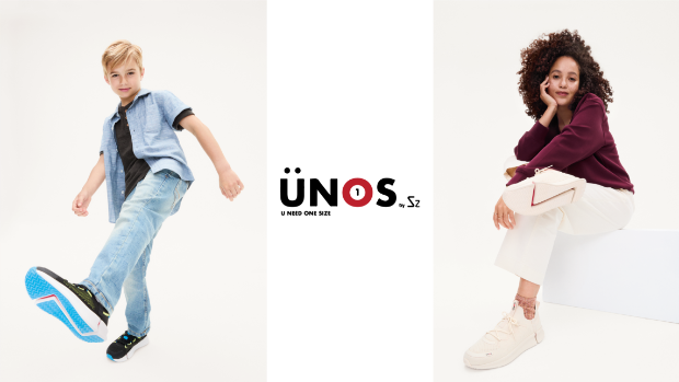 Two models wearing ÜNOS by Sz shoes, showcasing styles for both kids and adults, with the ÜNOS by Sz logo in the center.