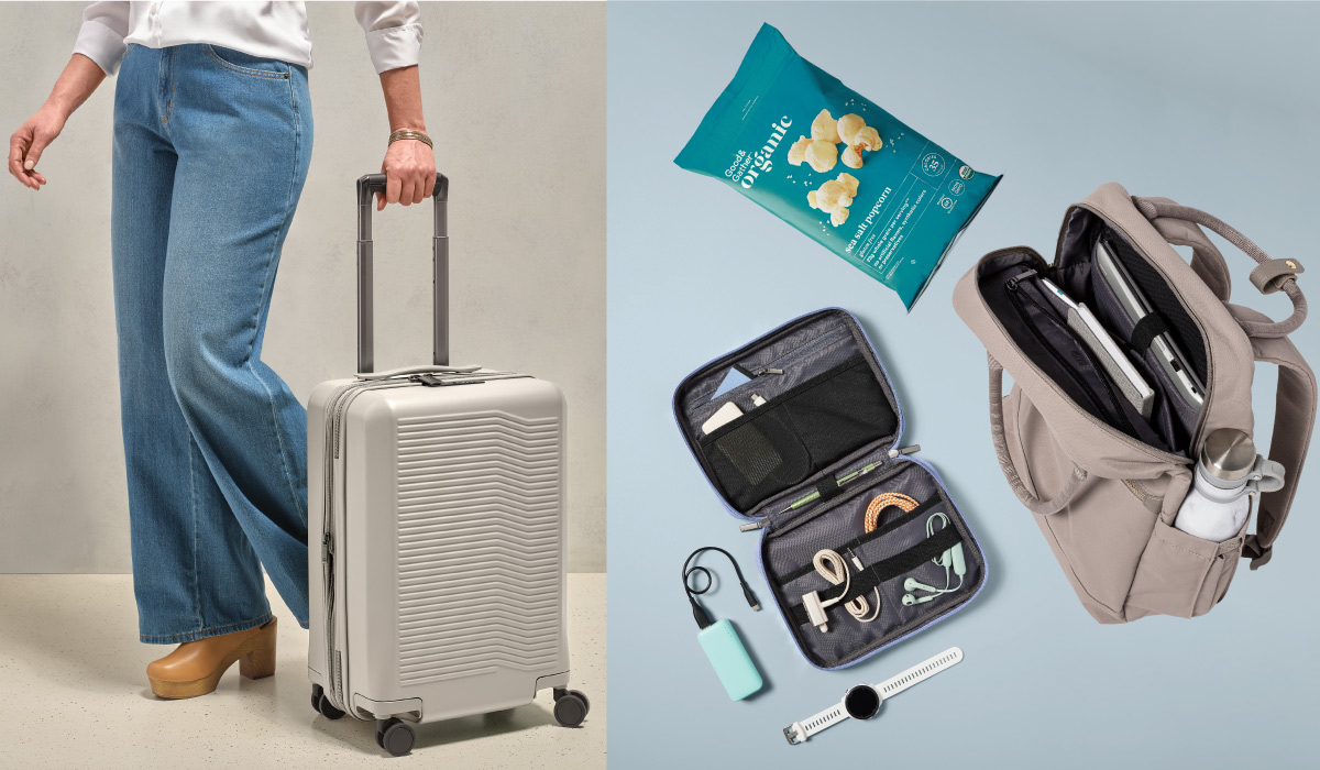 A model walking, holding the handle of a rolling carry on suitcase and an image of a backpack, tech accessory organizer and bag of popcorn.