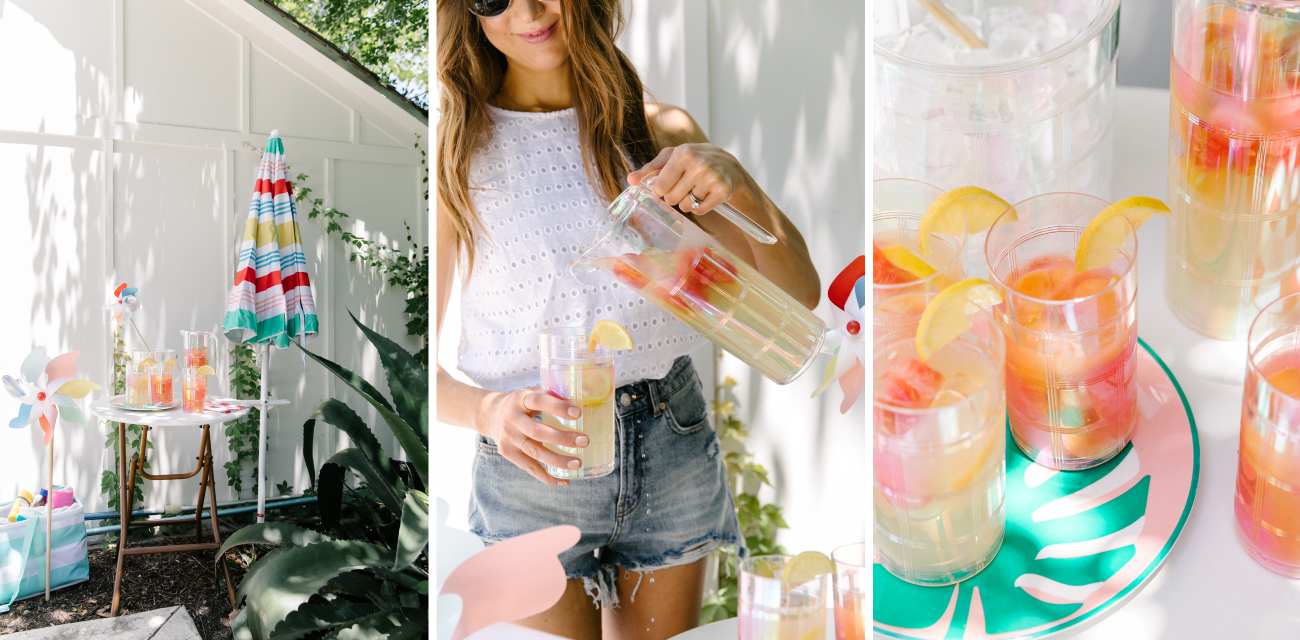 Collage of three images: hydration station with umbrella, Camille pouring drinks and an iridescent beverage set