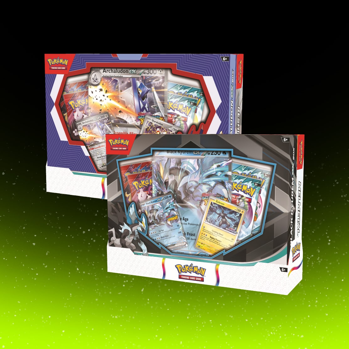Two Pokémon Trading Card Game gift boxes displayed against a green gradient background.