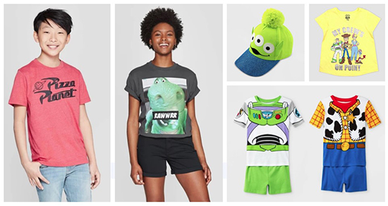 Two models and an assortment of Toy Story apparel, hats and pajamas