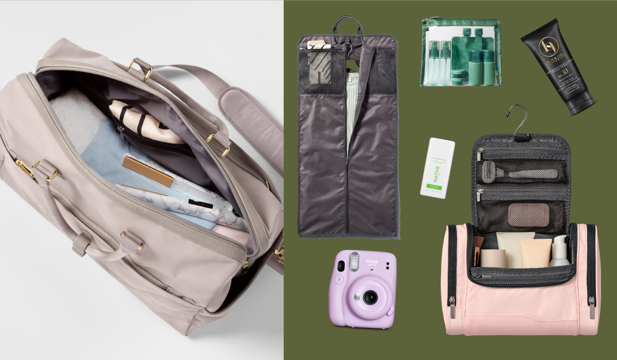 An Open Story Signature Weekender Bag, garment bag, toiletry set, plus sunscreen, shampoo and an instant camera.