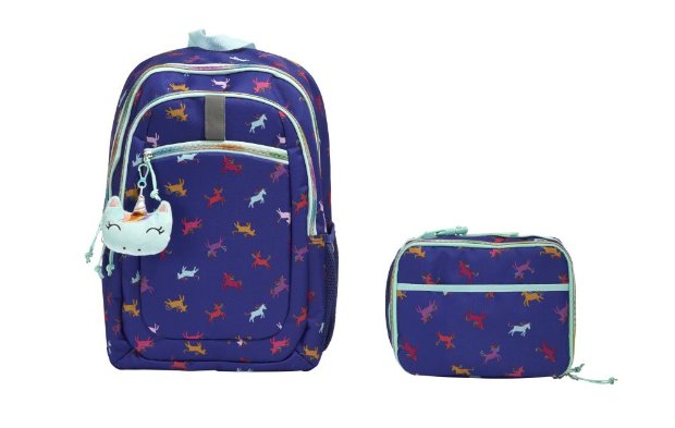 a pair of blue and red backpacks