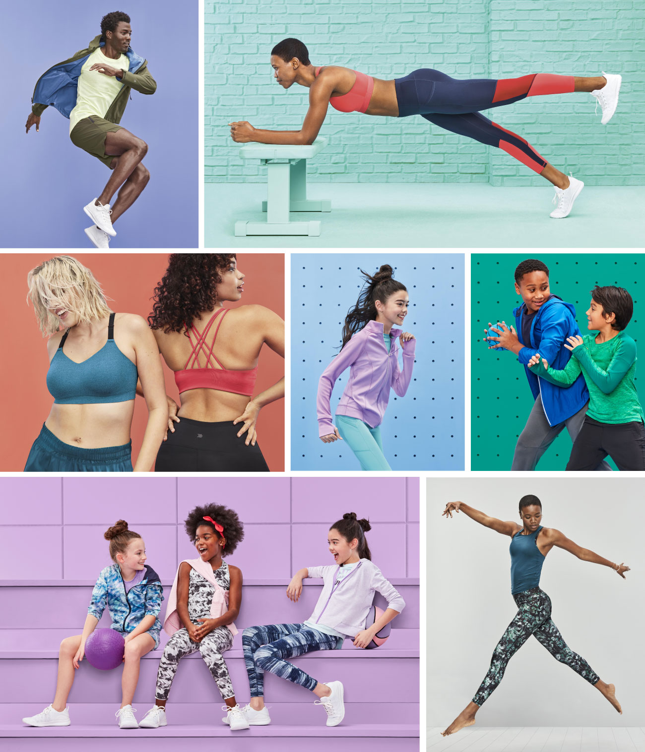 A collage of images featuring active men, women and kids wearing All in Motion activewear.