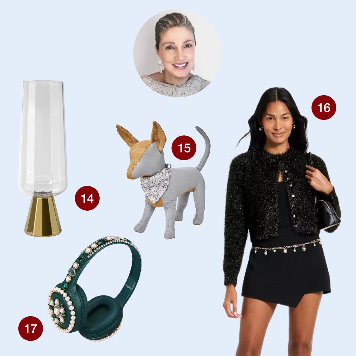 A collage features an image of Senior Designer Anne Boynton and four holiday gift items: a gold-base glass vase, a plush dog with a sequin bandana, embellished headphones, and a black party cardigan outfit.