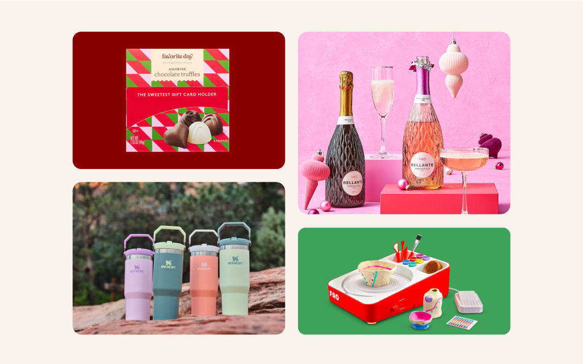 Images of four Stanley cups, The FAO Schwarz Pottery Wheel Studio All-In-One Sculpting Workstation, two bottles of Marks & Spencer Prosecco, and a Favorite Day Holiday Truffles GiftCard holder.