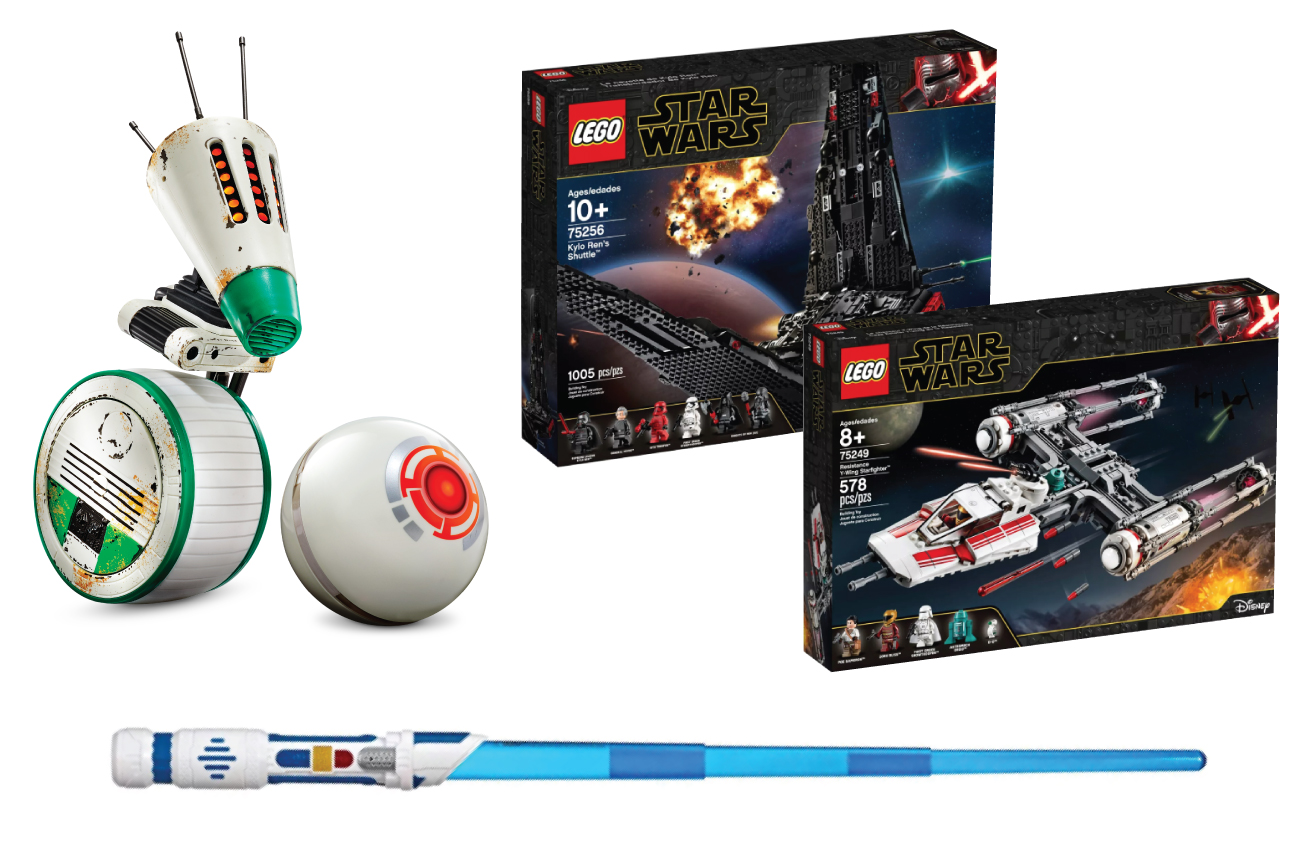 The interactive remote-control droid, LEGO playset and blue scream saber toys.