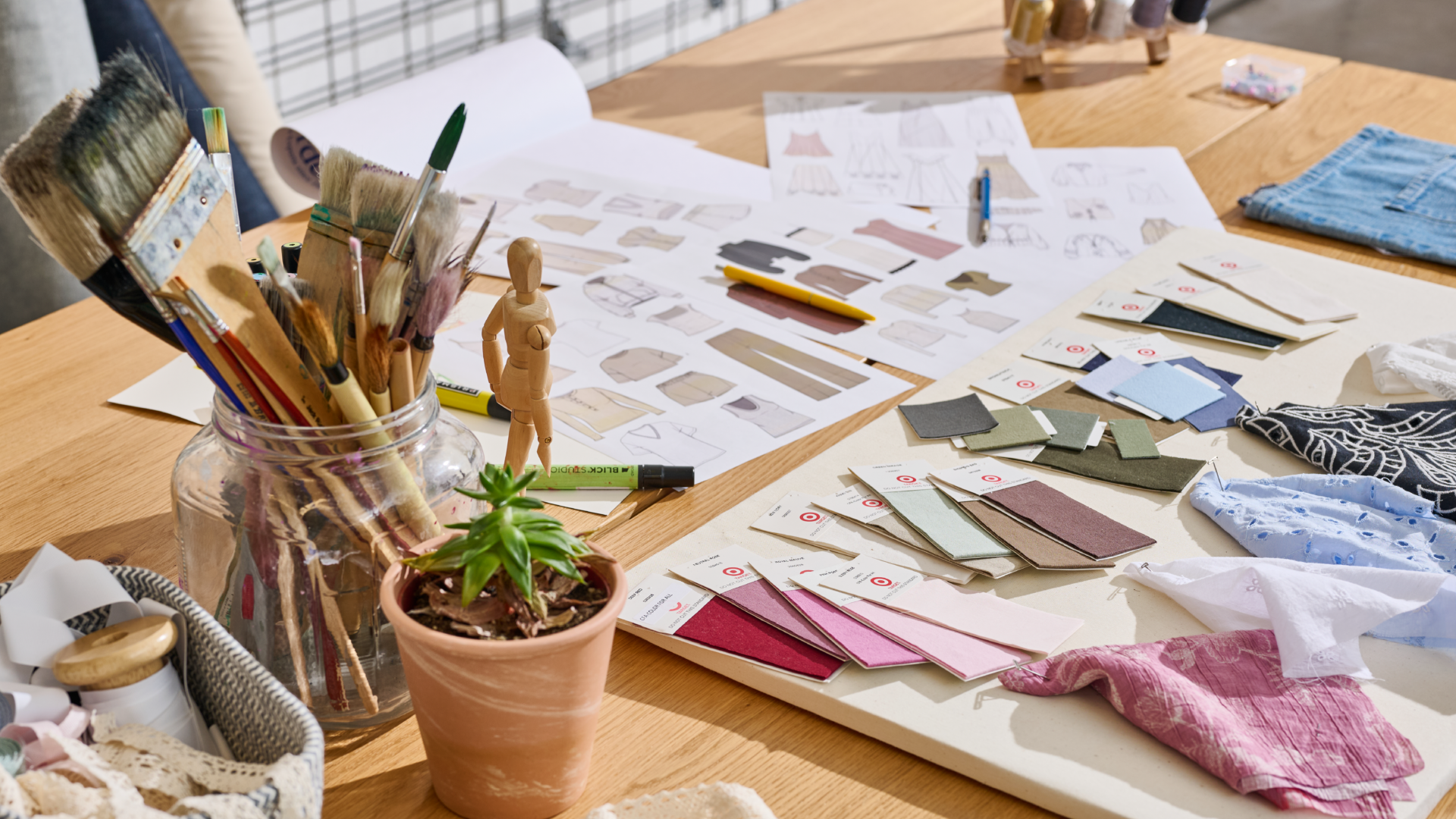 A desk spread with colorful swatches, art supplies and a live plant.