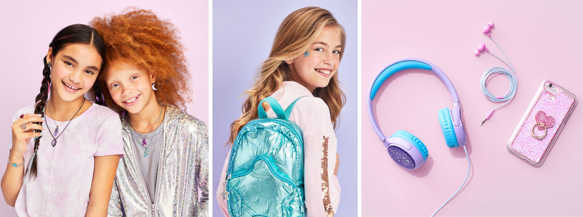 Three images: two girls wearing More than Magic gear, a girl with a shiny blue backpack and pastel-colored headphones and ear buds