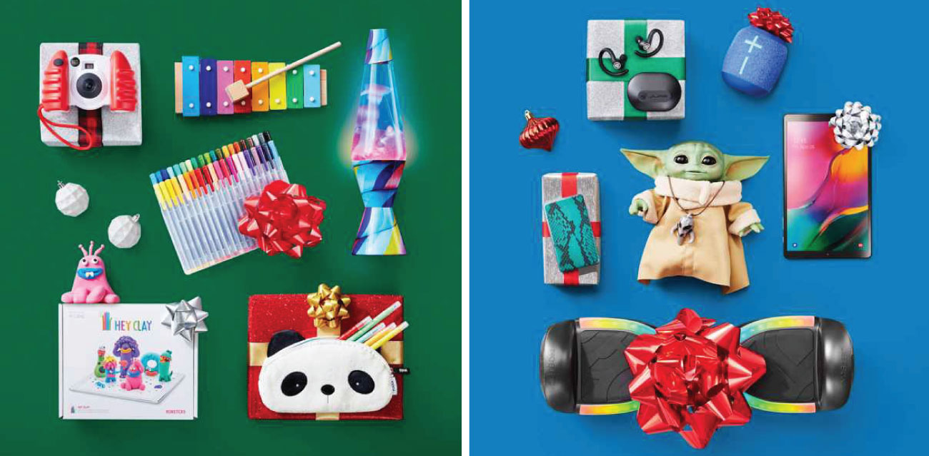 Two images show a variety of toys, many with bows