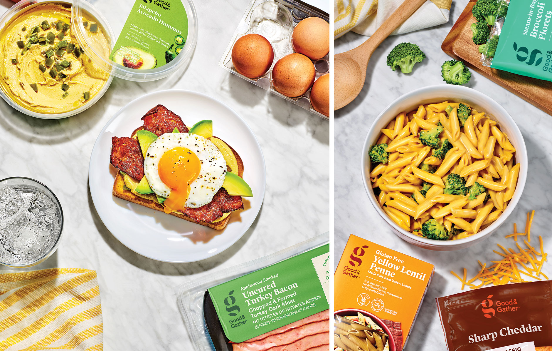 Two lifestyle images show Good and Gather products used to make a breakfast sandwich with hummus, eggs and turkey bacon and a bowl of mac n' cheese with broccoli