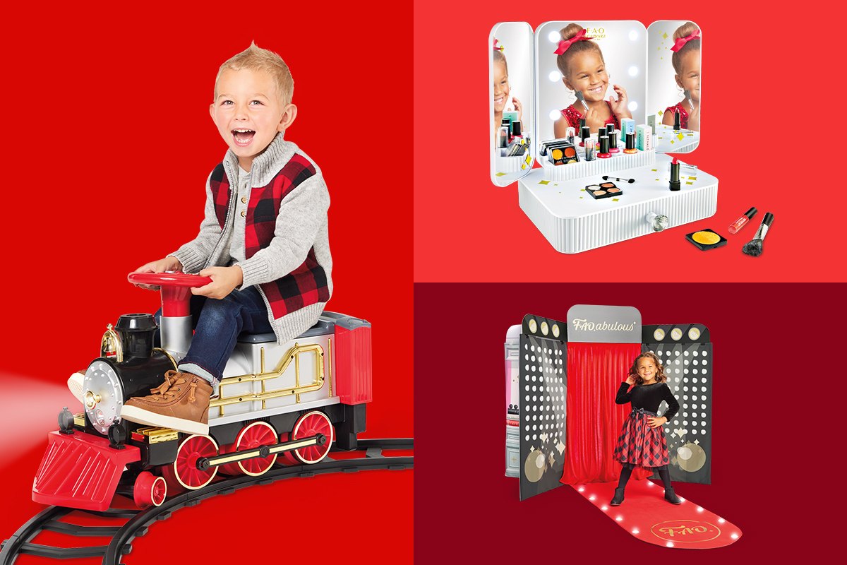 A collage of pictures of children with three FAO Schwarz toys.