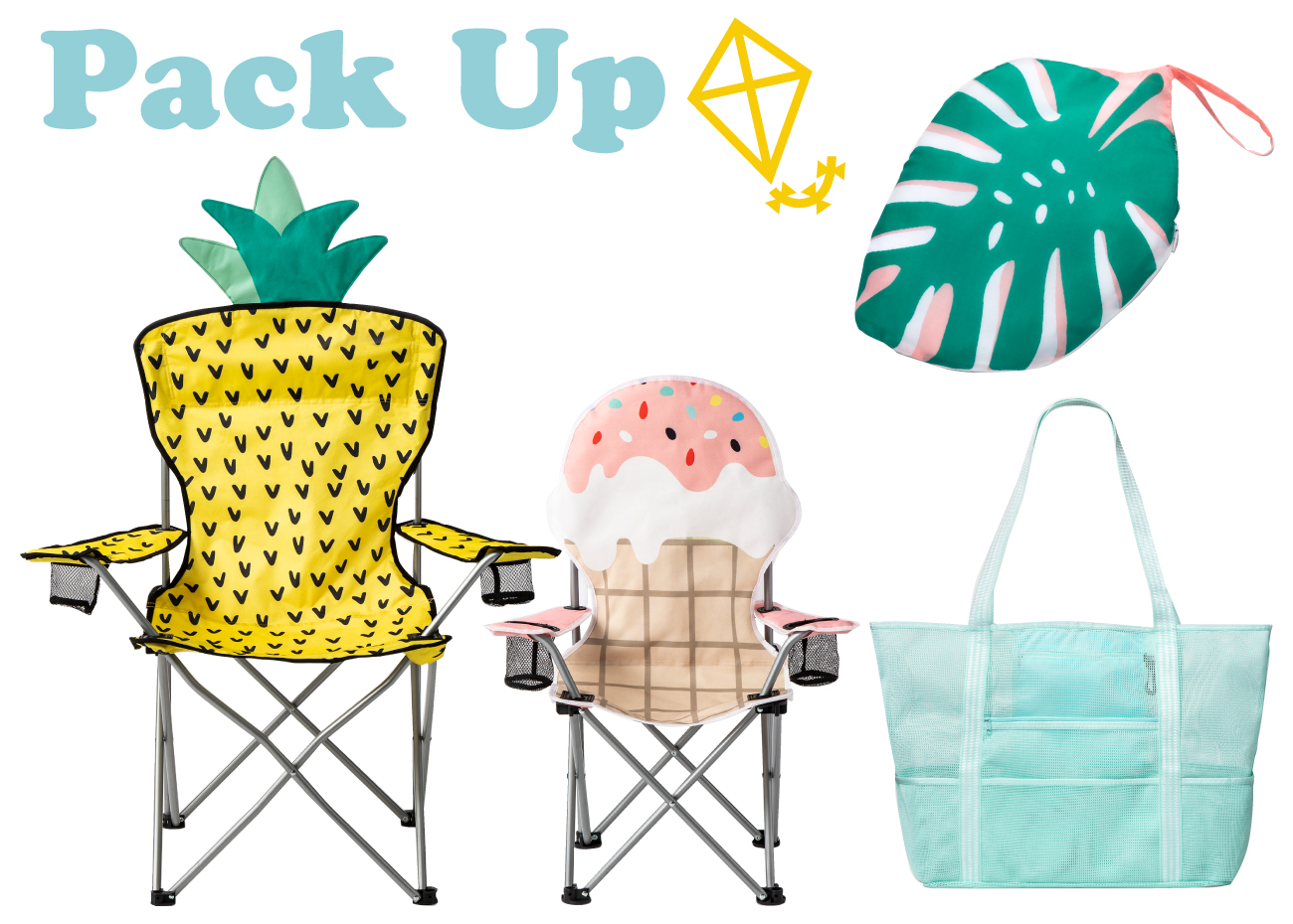Photo collage with Pack Up text, kite icon, pineapple and ice cream camping chairs, mesh beach bag and palm packable blanket