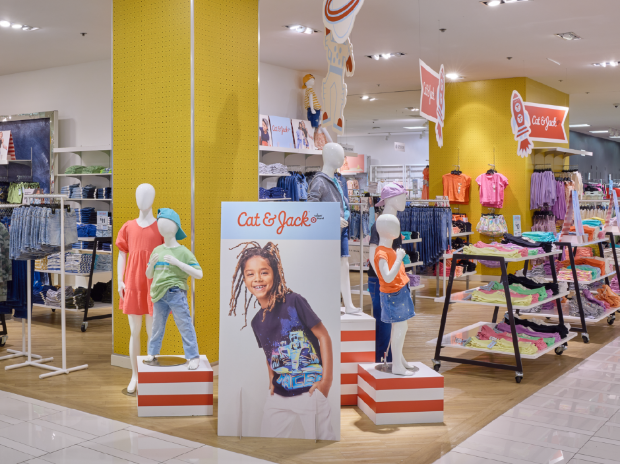 A bright and colorful display of Cat & Jack kids’ apparel items on sale at a Hudson’s Bay store in Canada.