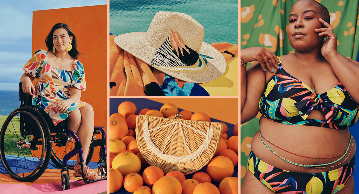 A collage of bright images featuring a person wearing a colorful dress, a straw hat and bag and a person in a lemon print two-piece swimsuit.
