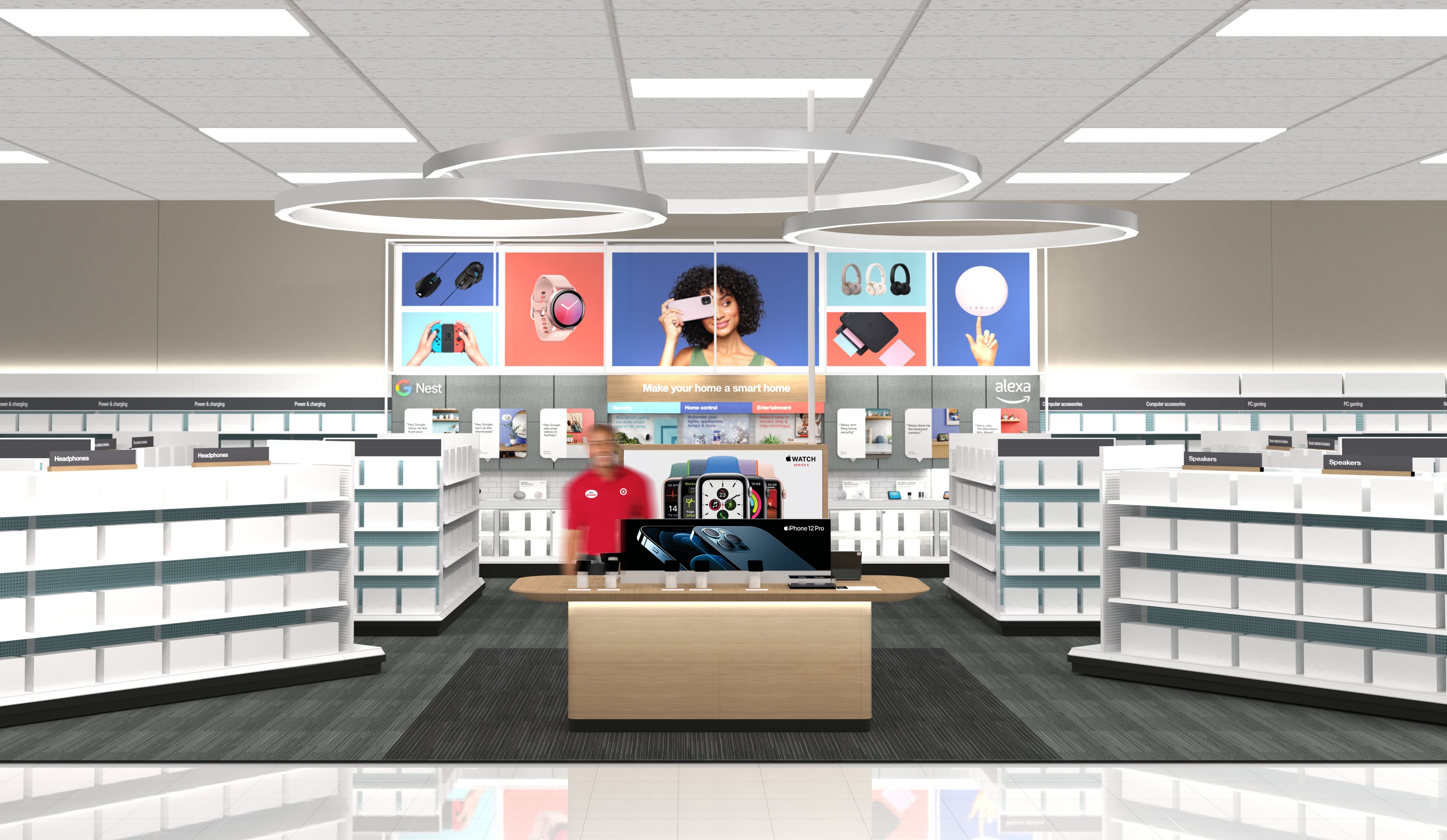 rendering of an Apple Experience at Target location with electronics displays and a team member