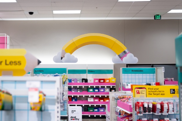 A Target aisle showcasing a variety of Back-to-School essentials for students.