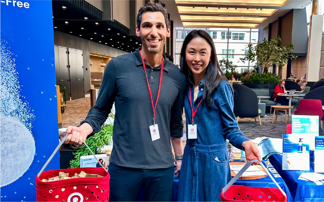 Blueland founders pose with their products in felt Target baskets.