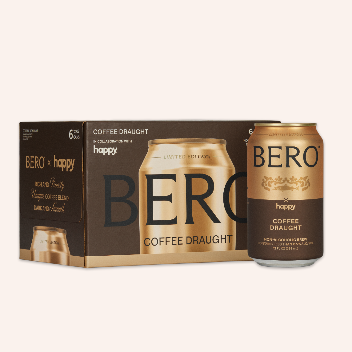 A case and single can of BERO happy coffee draught.