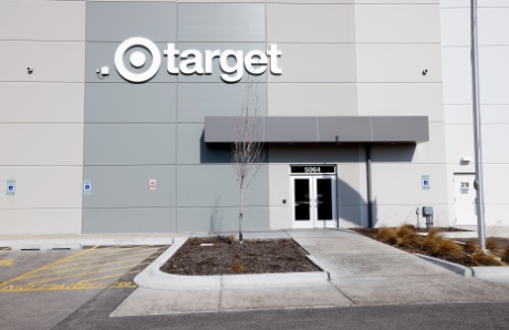 An image shows the front entrance of a Target sortation center.