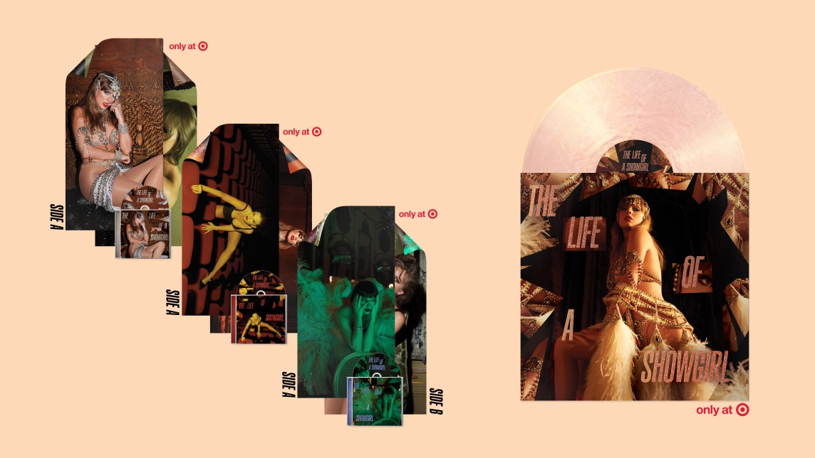 Three CDs with poster and vinyl of Taylor Swift’s ”The Life of a Showgirl” release.