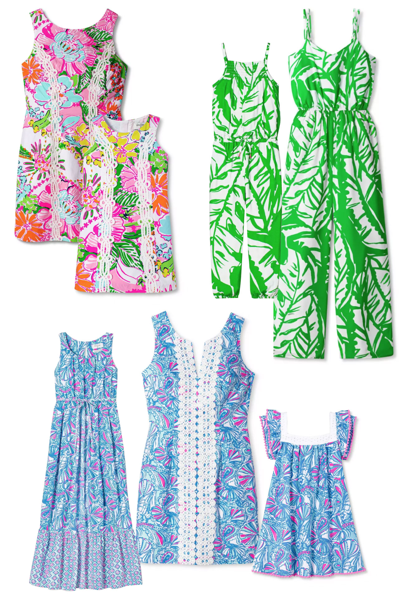 Three sets of matching women's and kids dresses and other apparel in Lilly Pulitzer's colorful florals