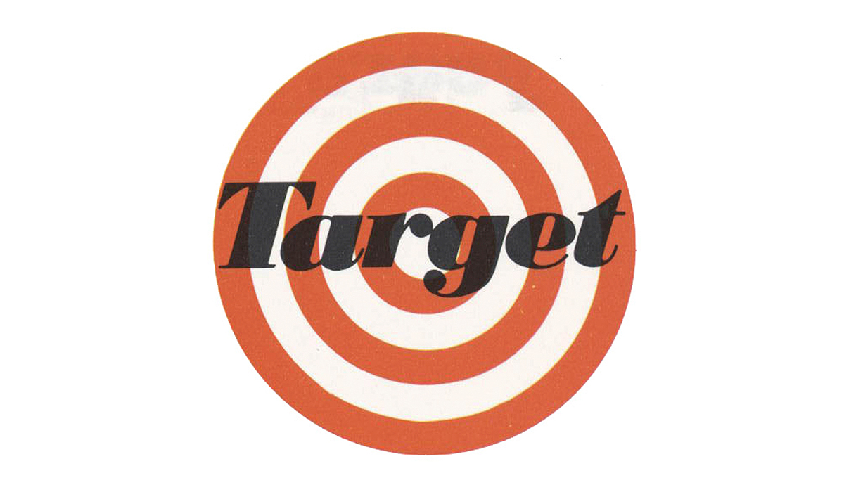The original Target logo, a red and white Bullseye with three rings and black text in the center that reads Target.