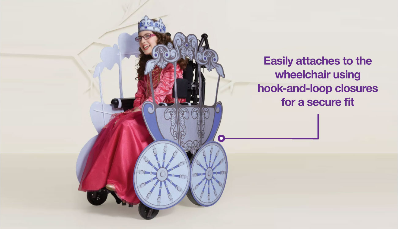 A girl in a princess costumes smiles, her wheelchair decked out as a princess chariot