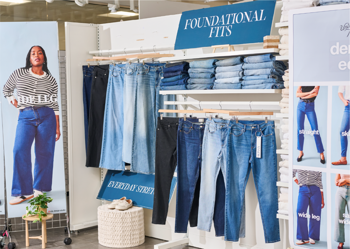 An in store display of Universal Thread jeans.
