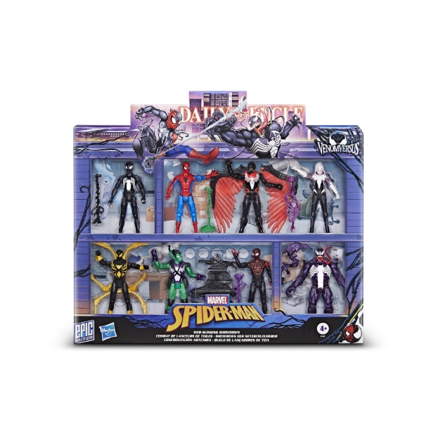 Toy set featuring eight 4-inch poseable figures—including Anti-Venom Spider-Man, Venomized Green Goblin, and Symbiote Spider-Man—each equipped with Venom-inspired accessories.