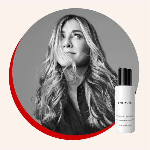 A picture of Jennifer Aniston on a round gray background and a bottle of LolaVie Restorative Conditioner.